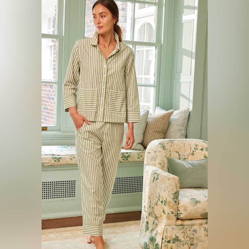 LAKE Pocket Pants Pajamas Set Green and White Stripe